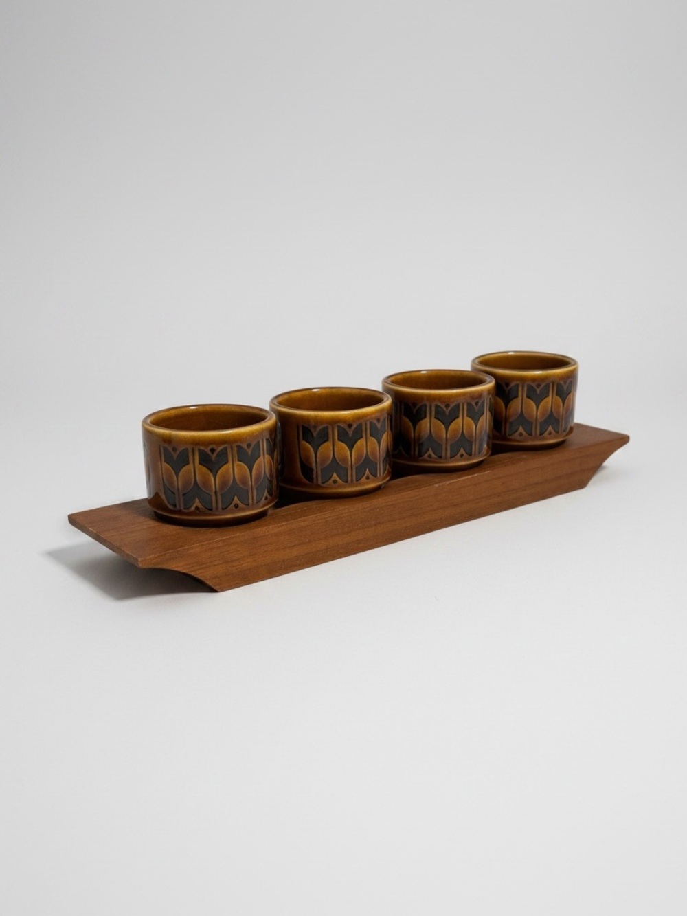Vintage 70’s Hornsea Heirloom Autumn Brown Egg Cups With Teak Tray